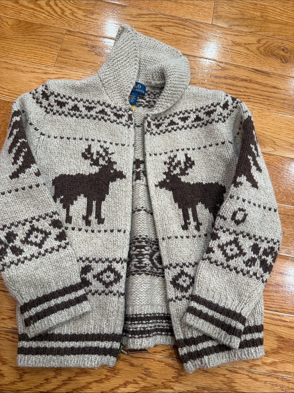 Polo by Ralph Lauren Cream and Brown Moose Zip Sweater